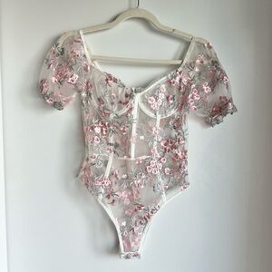Sheer Floral Embroidered Bodysuit - White with Pink Flowers